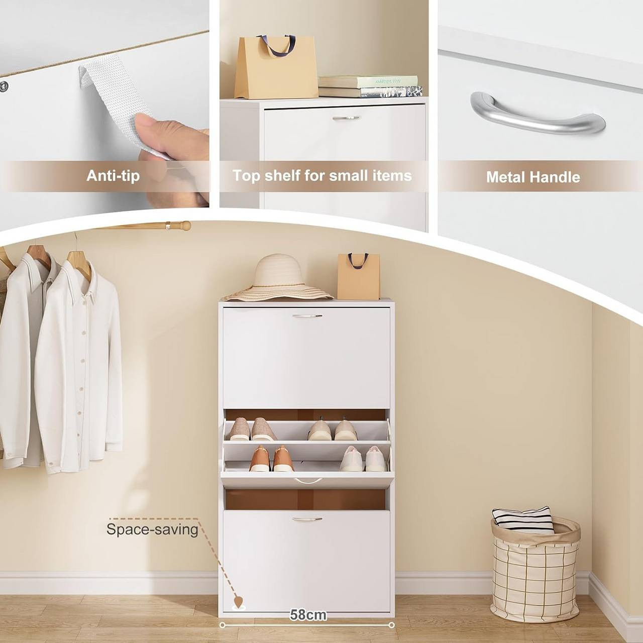 24goodz Slim High Shoe Cabinet - Space-Saving Design - Large Capacity - MDF - White - 58x104x23 cm