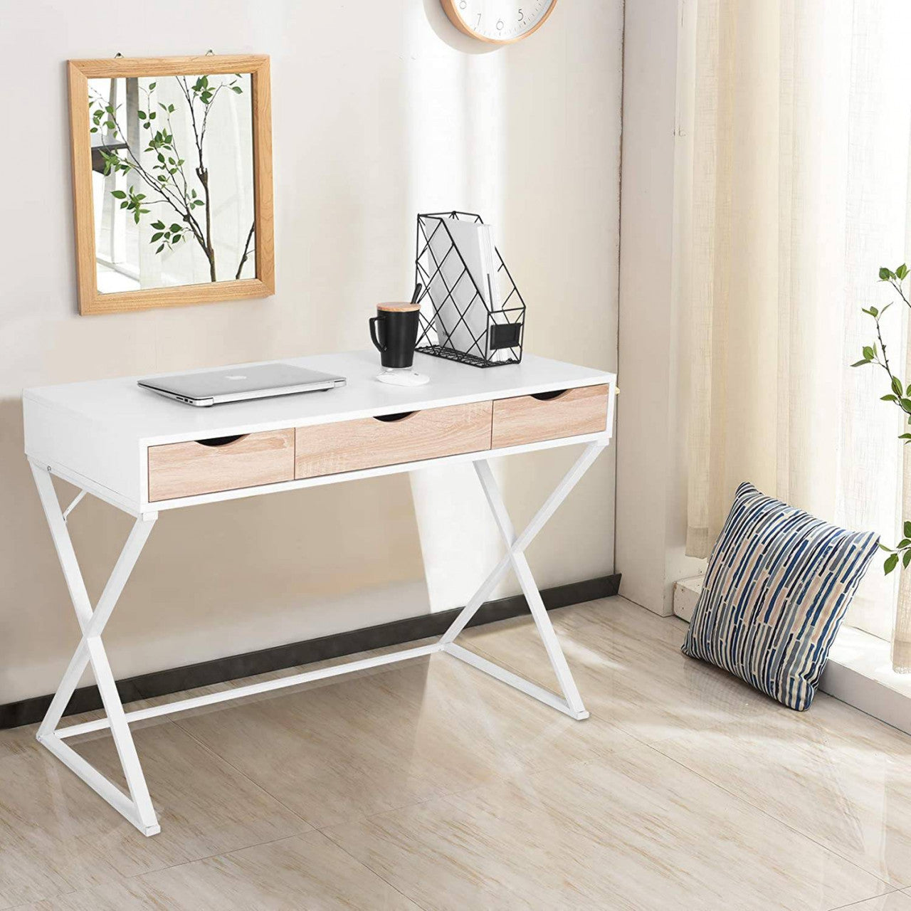 24goodz Study Desk - Elegant & Stable Design - Plenty of Storage Space - E1 Grade MDF + Steel - White + Wood - ws