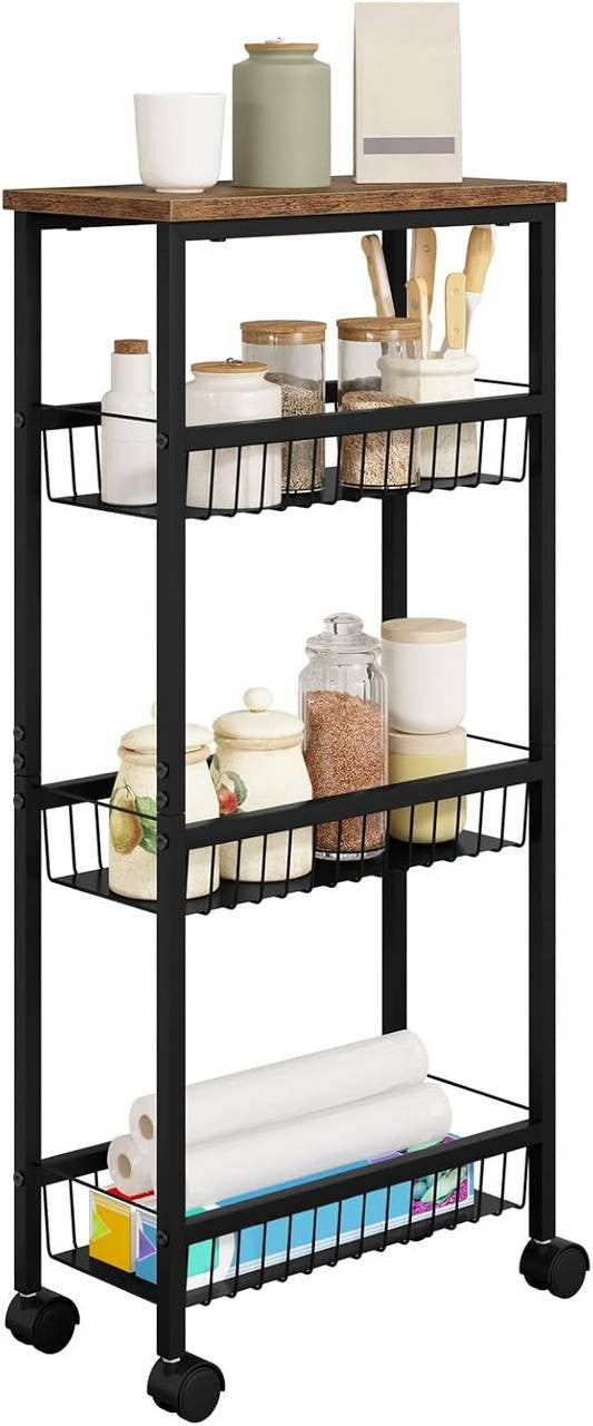 24goodz Kitchen Trolley with Worktop - Large Storage Capacity - Durable & Stable - MDF + Metal - Black with Vintage Wood Look - 40 x 87 x 20 cm
