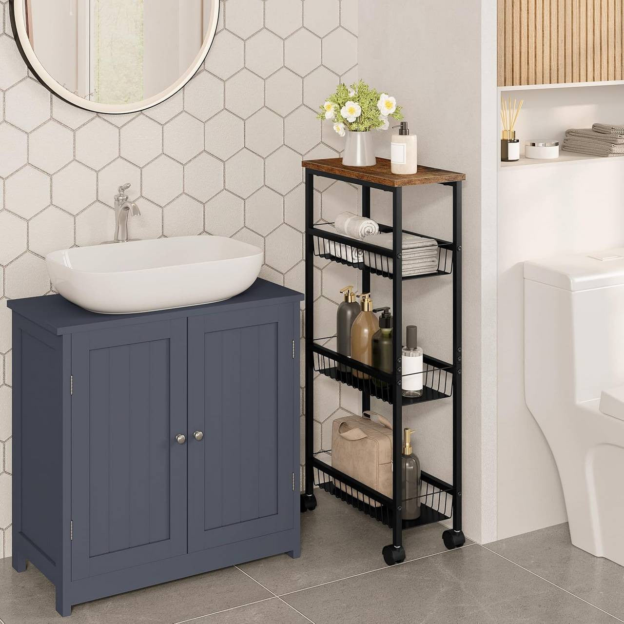 24goodz Kitchen Trolley with Worktop - Large Storage Capacity - Durable & Stable - MDF + Metal - Black with Vintage Wood Look - 40 x 87 x 20 cm