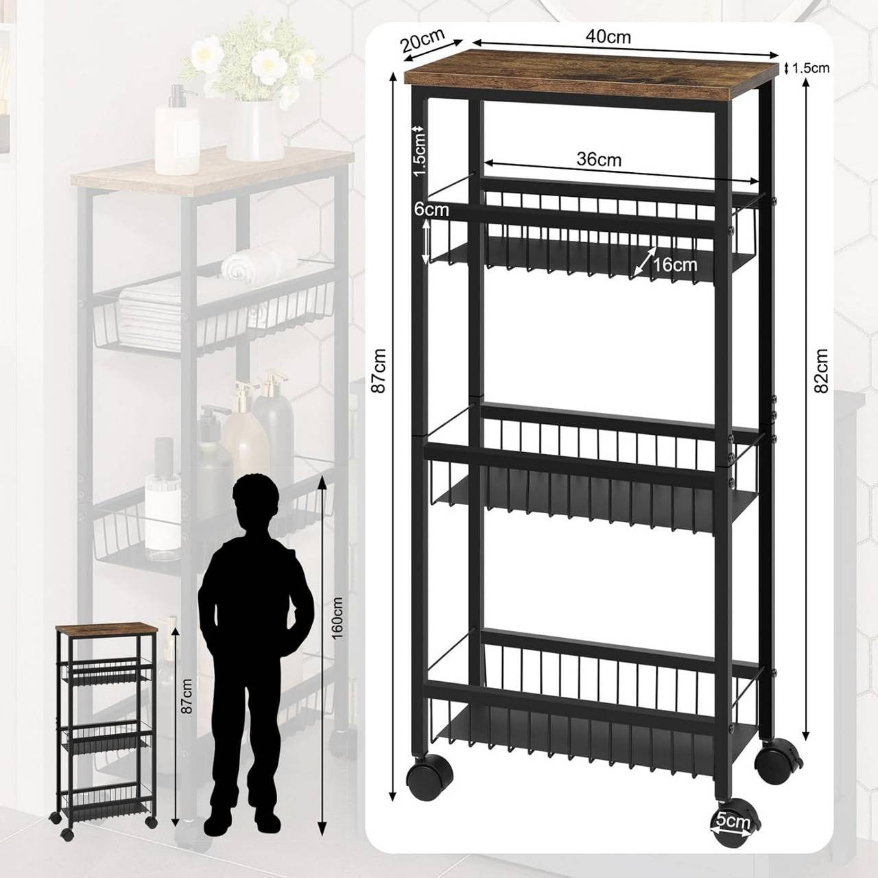 24goodz Kitchen Trolley with Worktop - Large Storage Capacity - Durable & Stable - MDF + Metal - Black with Vintage Wood Look - 40 x 87 x 20 cm