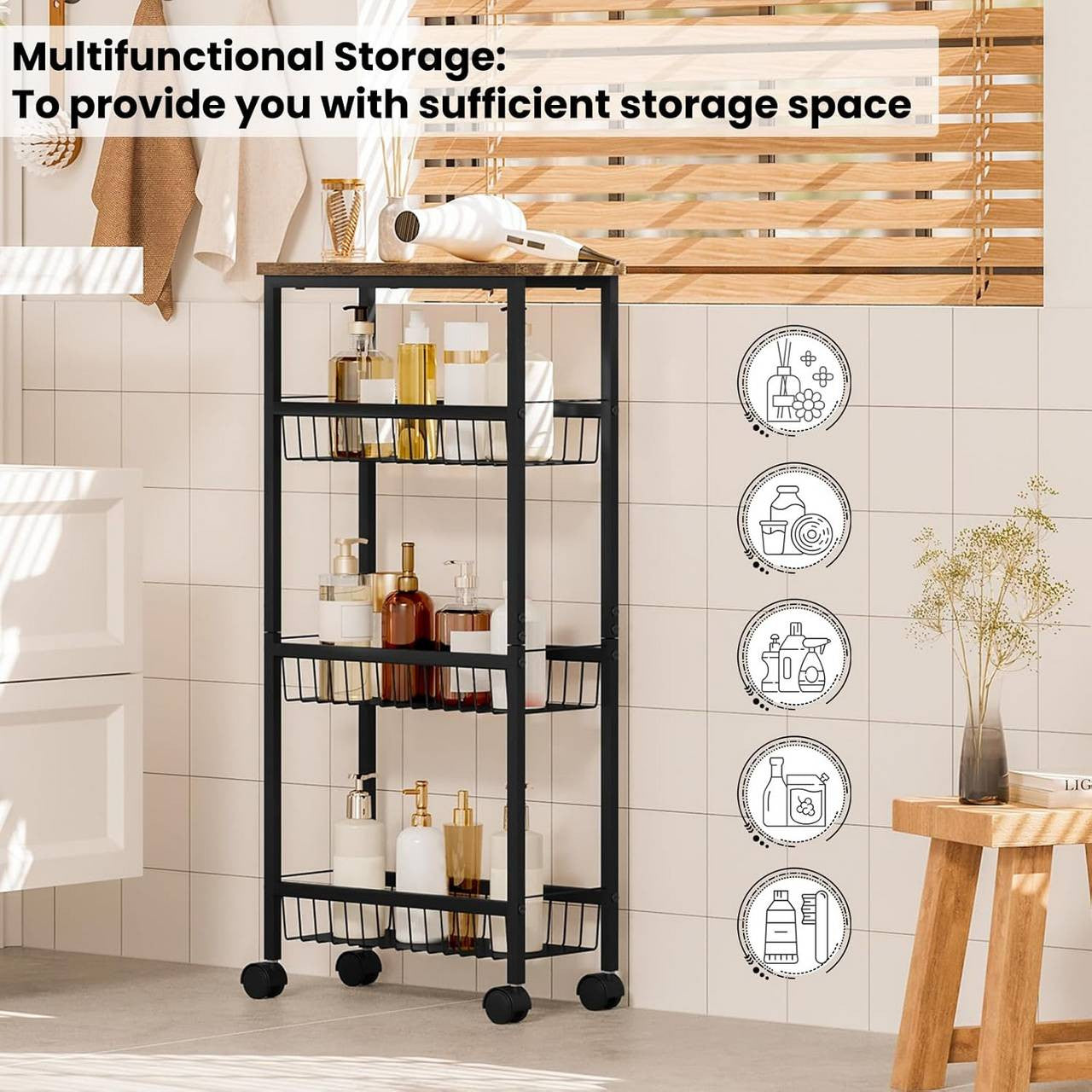 24goodz Kitchen Trolley with Worktop - Large Storage Capacity - Durable & Stable - MDF + Metal - Black with Vintage Wood Look - 40 x 87 x 20 cm
