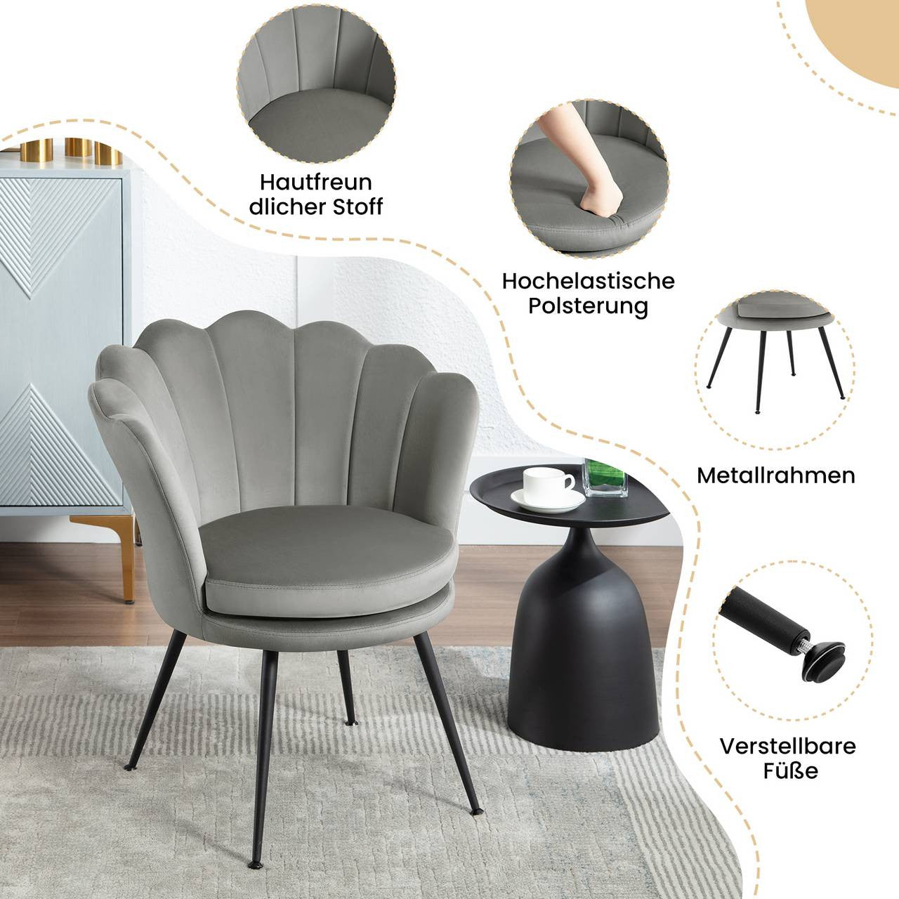 24goodz Flower-Shaped Armchair - Unique Floral Design - High-Quality Velvet - For Relaxation and Work - Grey