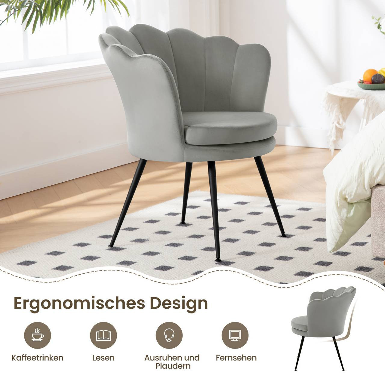 24goodz Flower-Shaped Armchair - Unique Floral Design - High-Quality Velvet - For Relaxation and Work - Grey