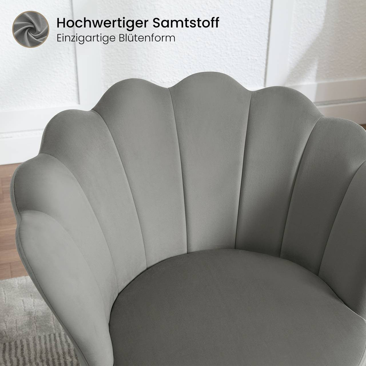 24goodz Flower-Shaped Armchair - Unique Floral Design - High-Quality Velvet - For Relaxation and Work - Grey