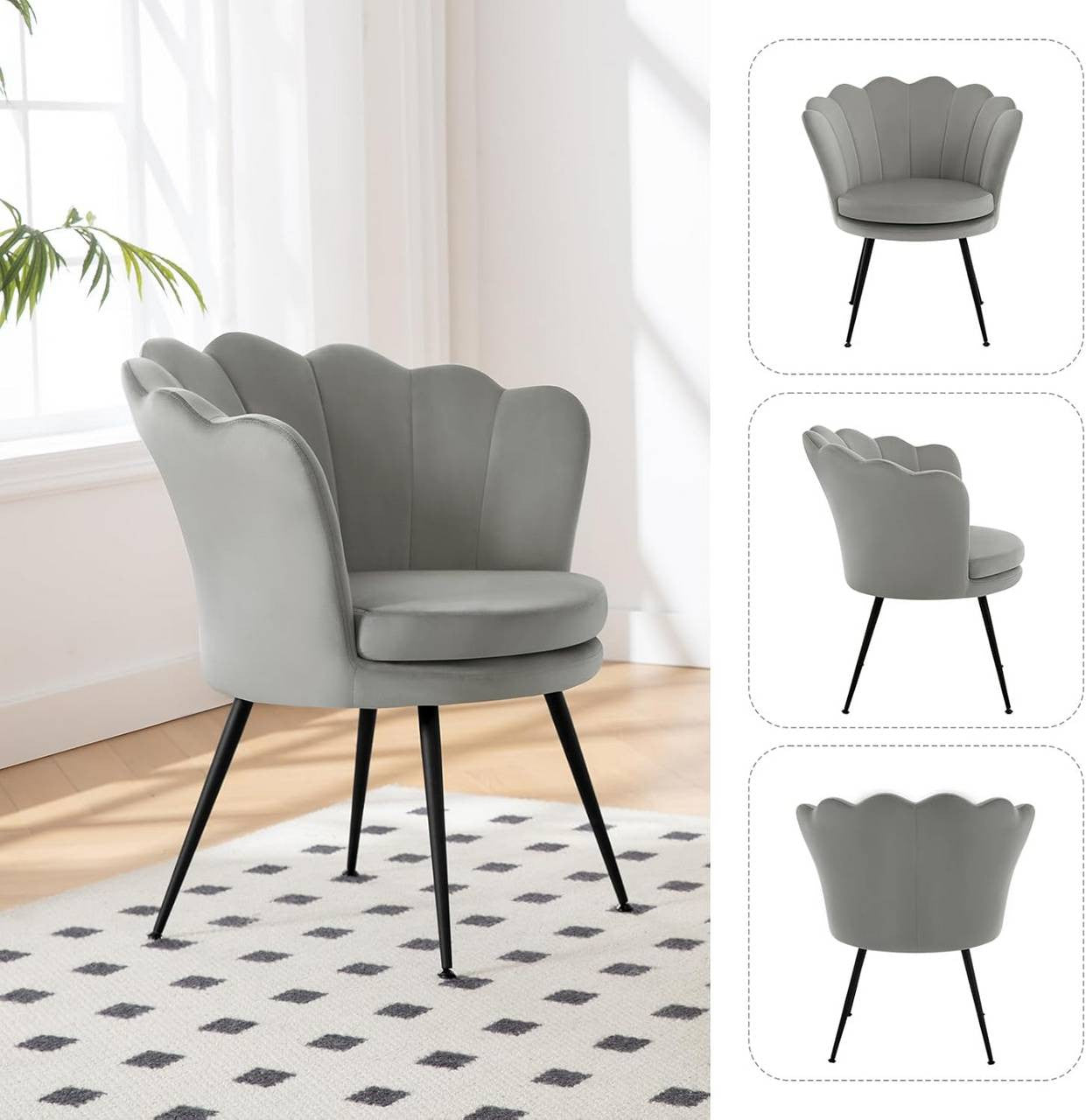 24goodz Flower-Shaped Armchair - Unique Floral Design - High-Quality Velvet - For Relaxation and Work - Grey