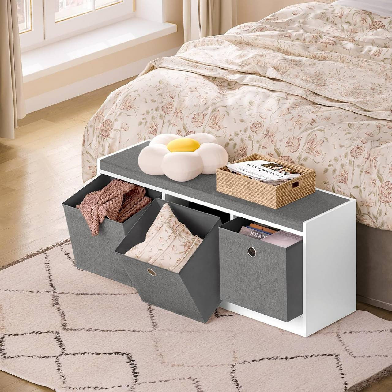 24goodz Storage Bench with 3 Fabric Drawers - Comfortable Seating - MDF + Polyester - Grey + White - 102 x 45.5 x 32 cm