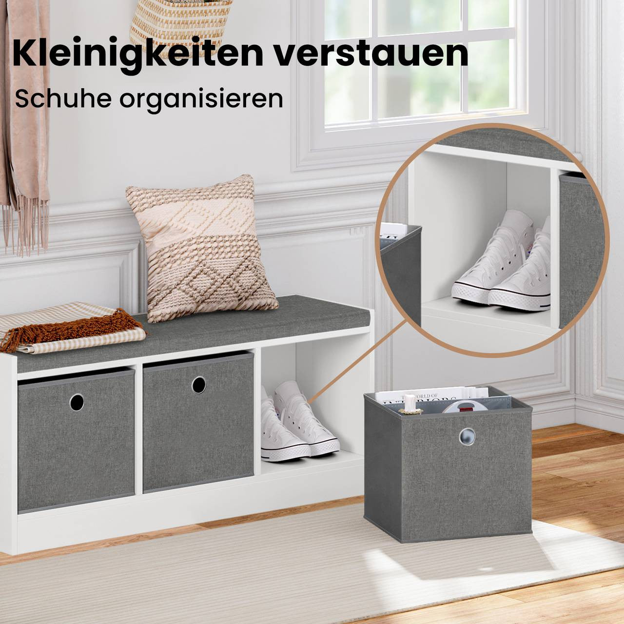 24goodz Storage Bench with 3 Fabric Drawers - Comfortable Seating - MDF + Polyester - Grey + White - 102 x 45.5 x 32 cm