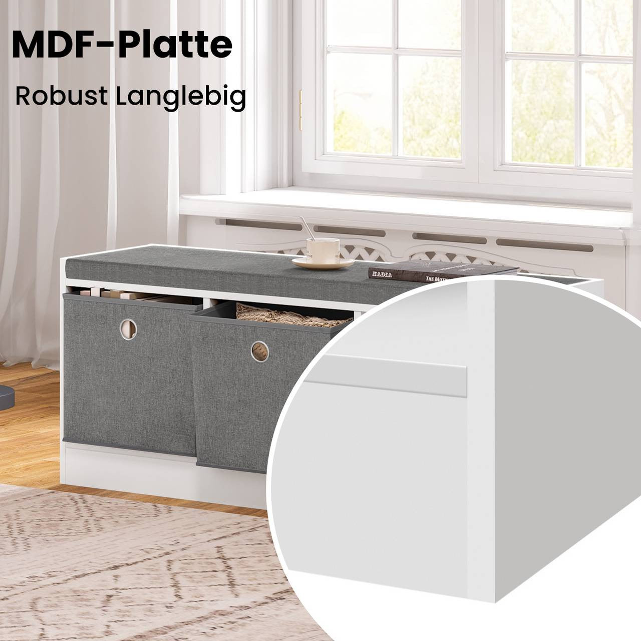 24goodz Storage Bench with 3 Fabric Drawers - Comfortable Seating - MDF + Polyester - Grey + White - 102 x 45.5 x 32 cm