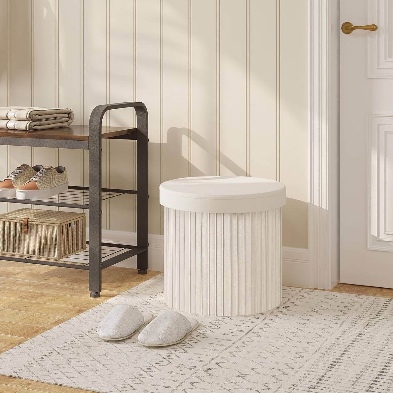 24goodz Foldable Velvet Storage Stool - Soft & Robust - Spacious Storage - MDF - For Home Use - Cream