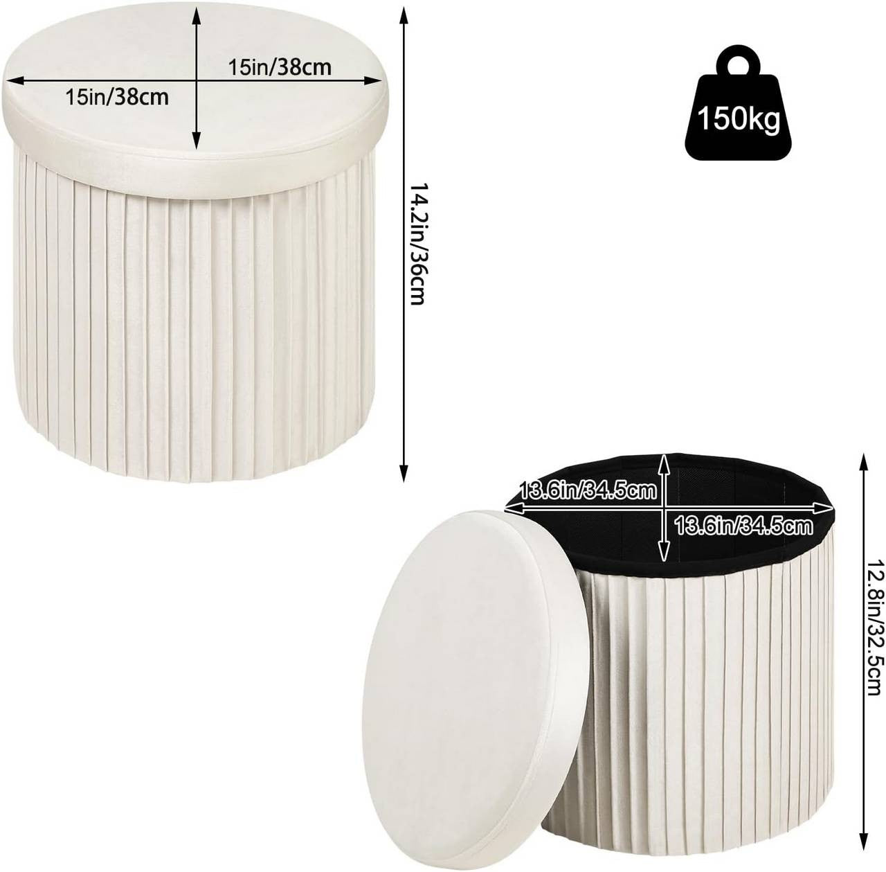 24goodz Foldable Velvet Storage Stool - Soft & Robust - Spacious Storage - MDF - For Home Use - Cream