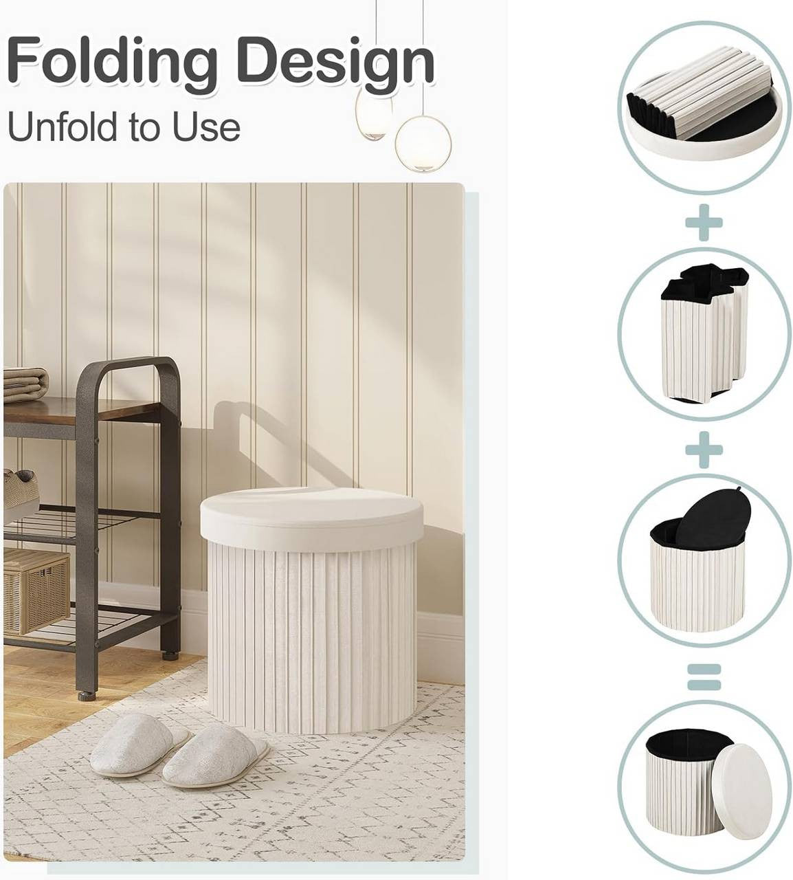 24goodz Foldable Velvet Storage Stool - Soft & Robust - Spacious Storage - MDF - For Home Use - Cream