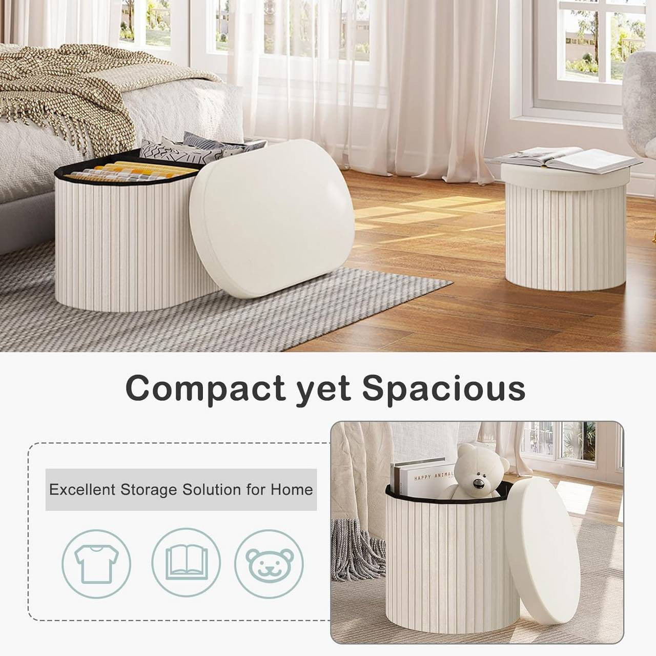 24goodz Foldable Velvet Storage Stool - Soft & Robust - Spacious Storage - MDF - For Home Use - Cream