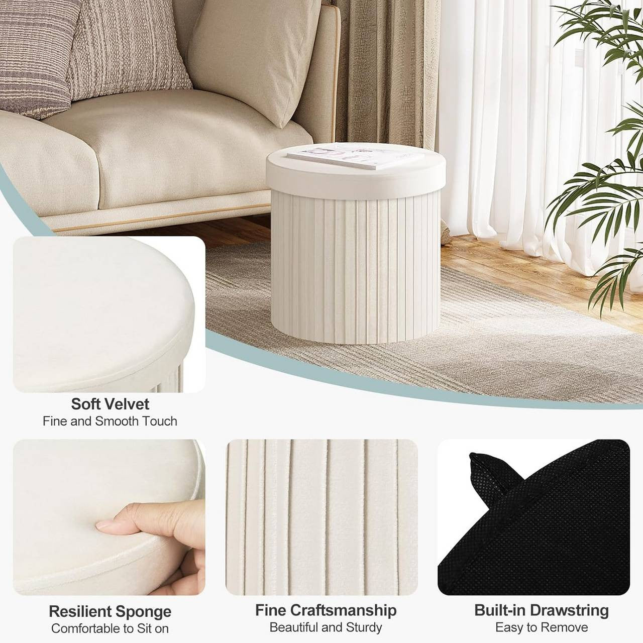 24goodz Foldable Velvet Storage Stool - Soft & Robust - Spacious Storage - MDF - For Home Use - Cream