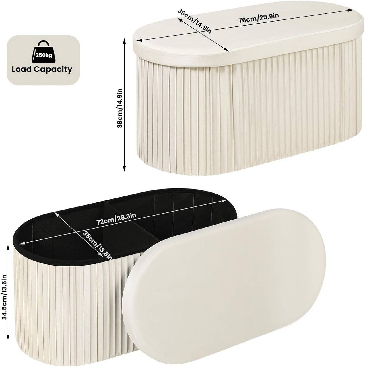 24goodz Velvet Storage Ottoman - Stylish and Comfortable - MDF - For Home Use - Cream