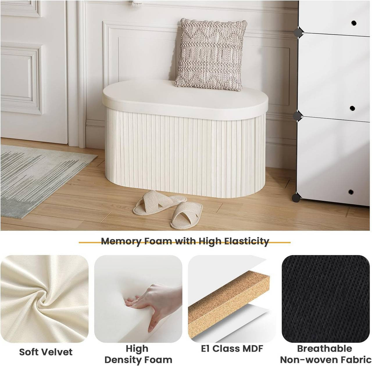 24goodz Velvet Storage Ottoman - Stylish and Comfortable - MDF - For Home Use - Cream