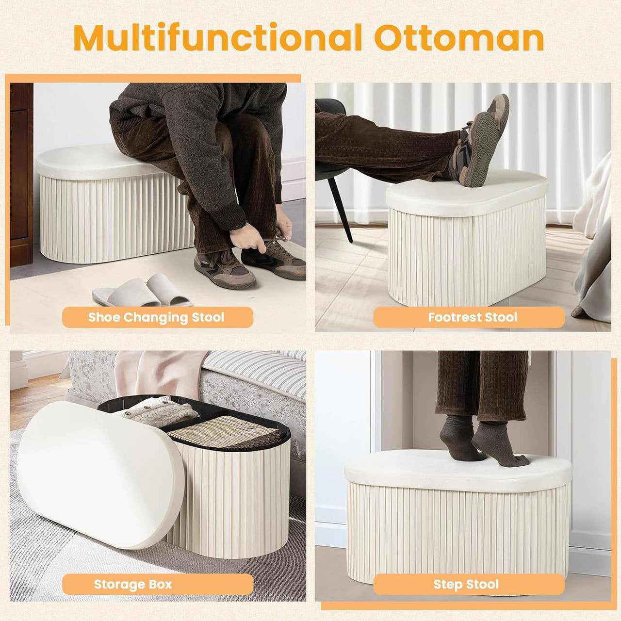 24goodz Velvet Storage Ottoman - Stylish and Comfortable - MDF - For Home Use - Cream