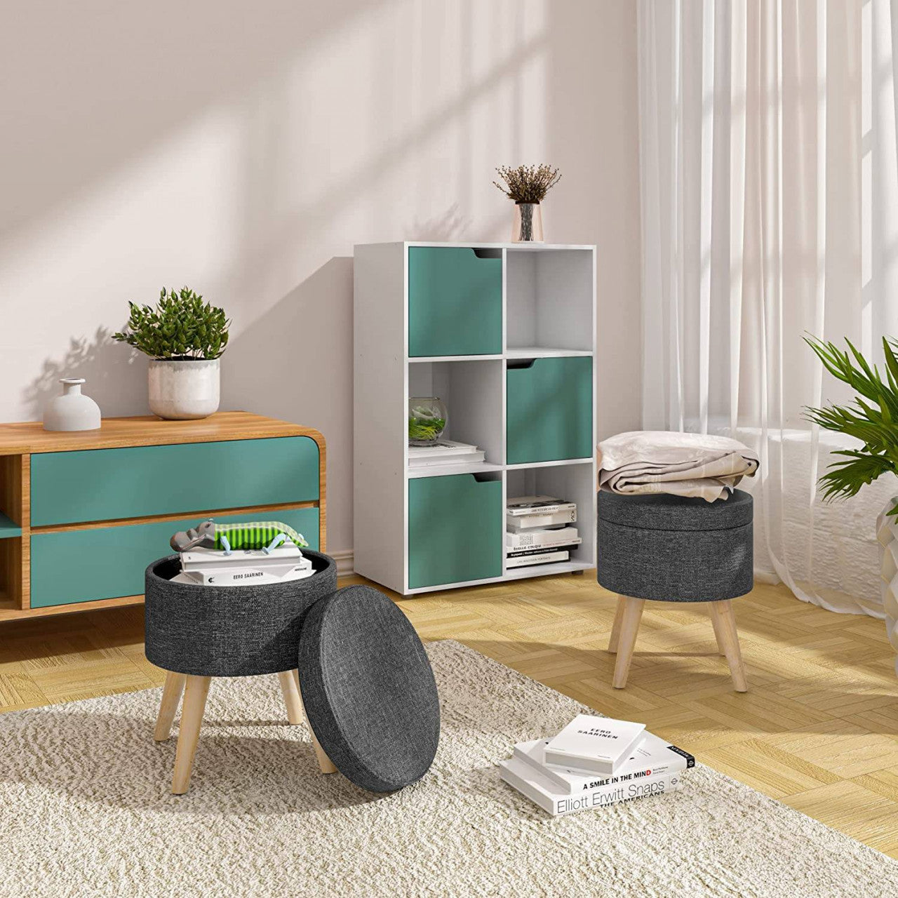 24goodz Storage Stool with Removable Lid - Comfortable and Versatile - MDF and Linen - Dark Grey - dgr
