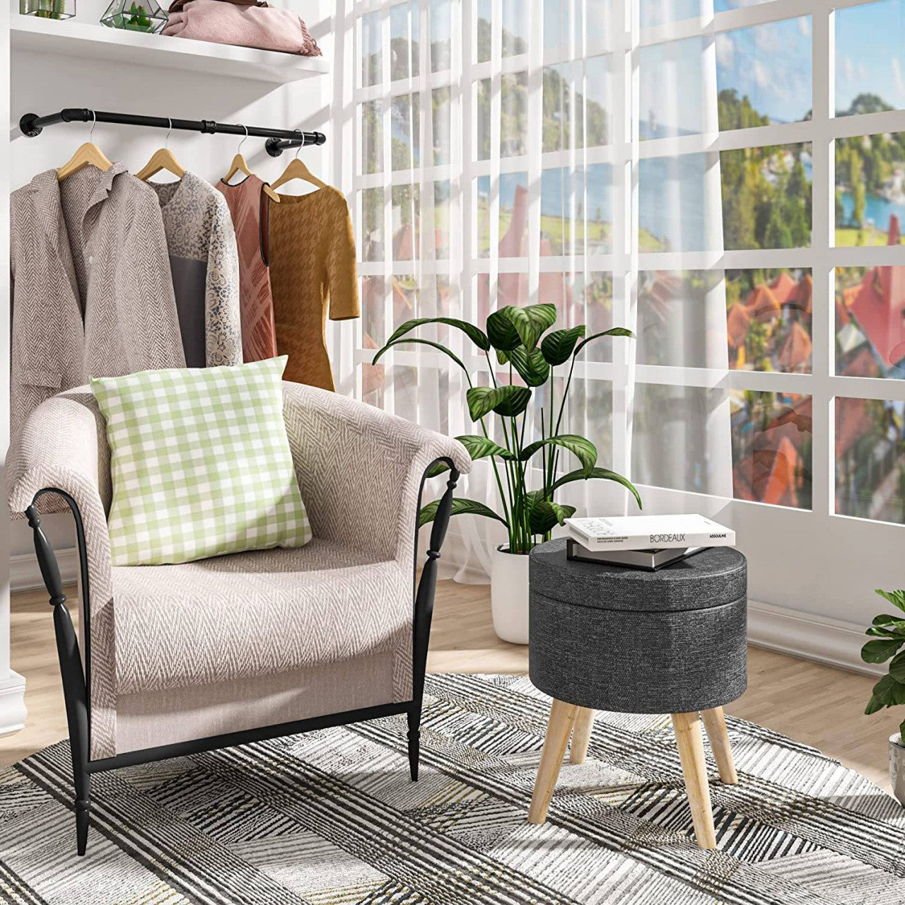 24goodz Storage Stool with Removable Lid - Comfortable and Versatile - MDF and Linen - Dark Grey - dgr