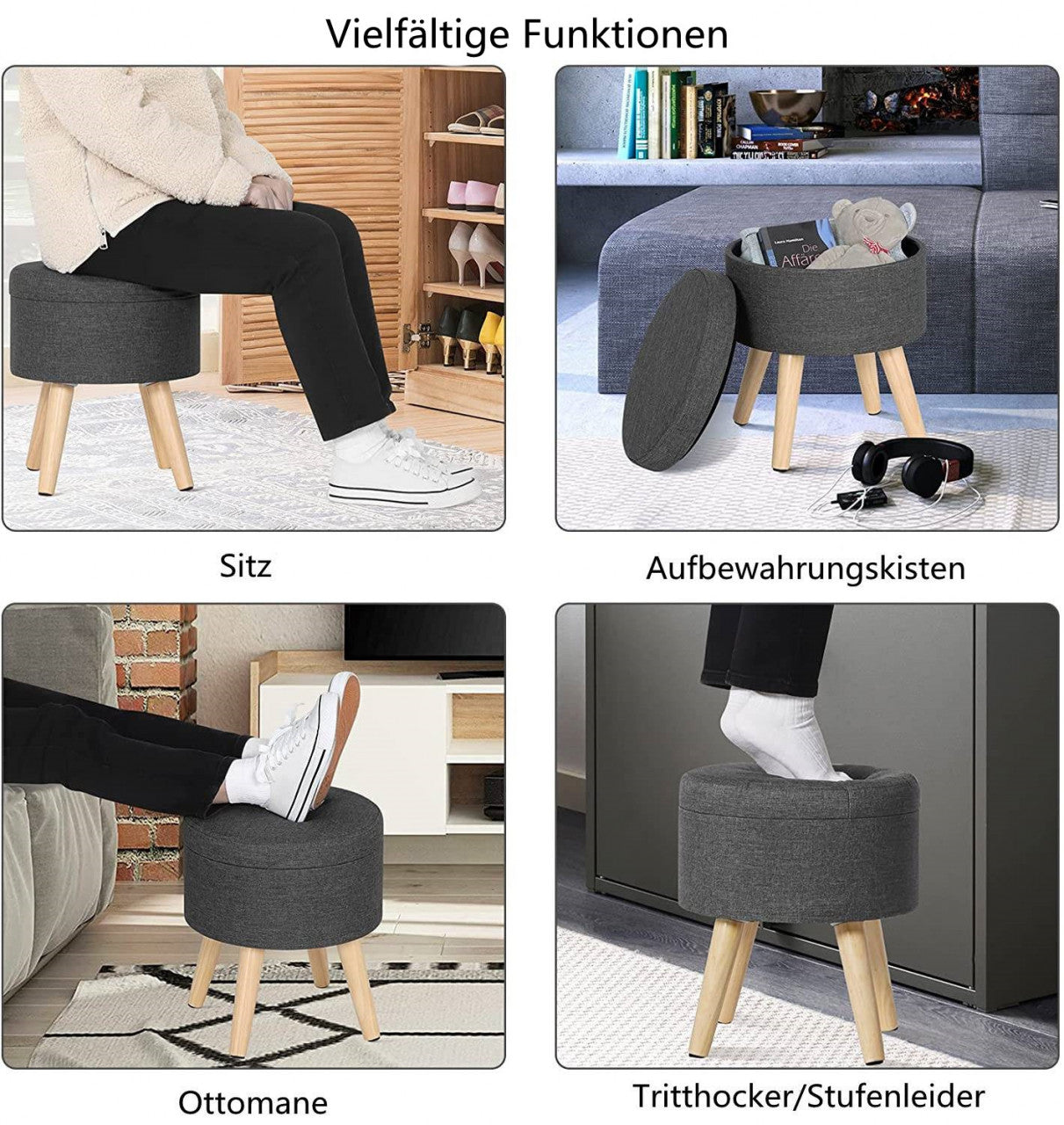 24goodz Storage Stool with Removable Lid - Comfortable and Versatile - MDF and Linen - Dark Grey - dgr