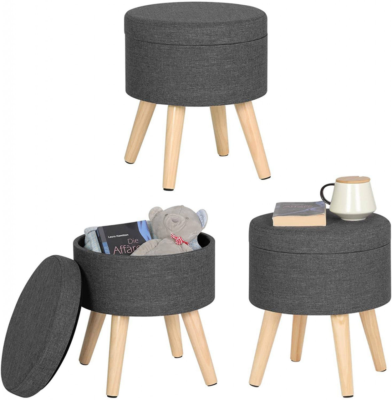 24goodz Storage Stool with Removable Lid - Comfortable and Versatile - MDF and Linen - Dark Grey - dgr