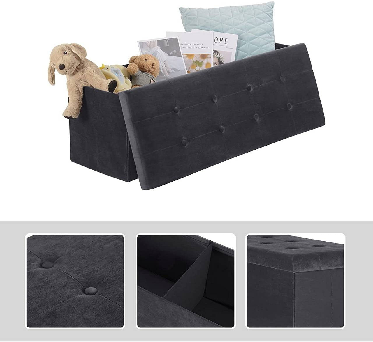24goodz Velvet Storage Stool - Incredible Storage Capacity - Foldable - Velvet - Grey