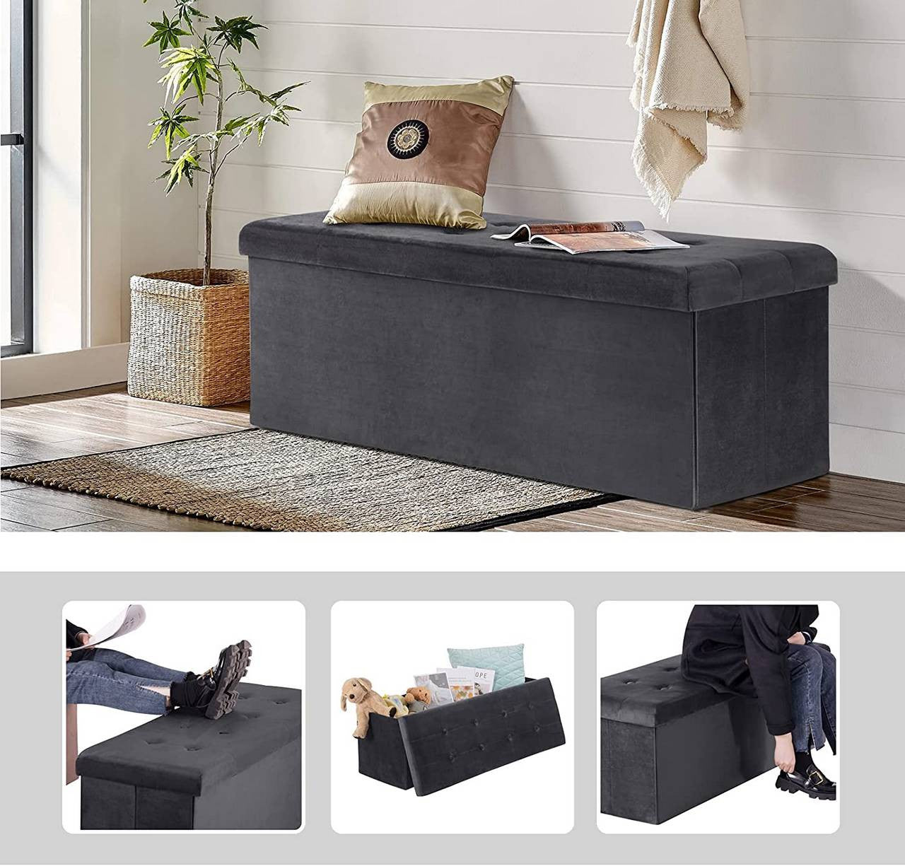 24goodz Velvet Storage Stool - Incredible Storage Capacity - Foldable - Velvet - Grey
