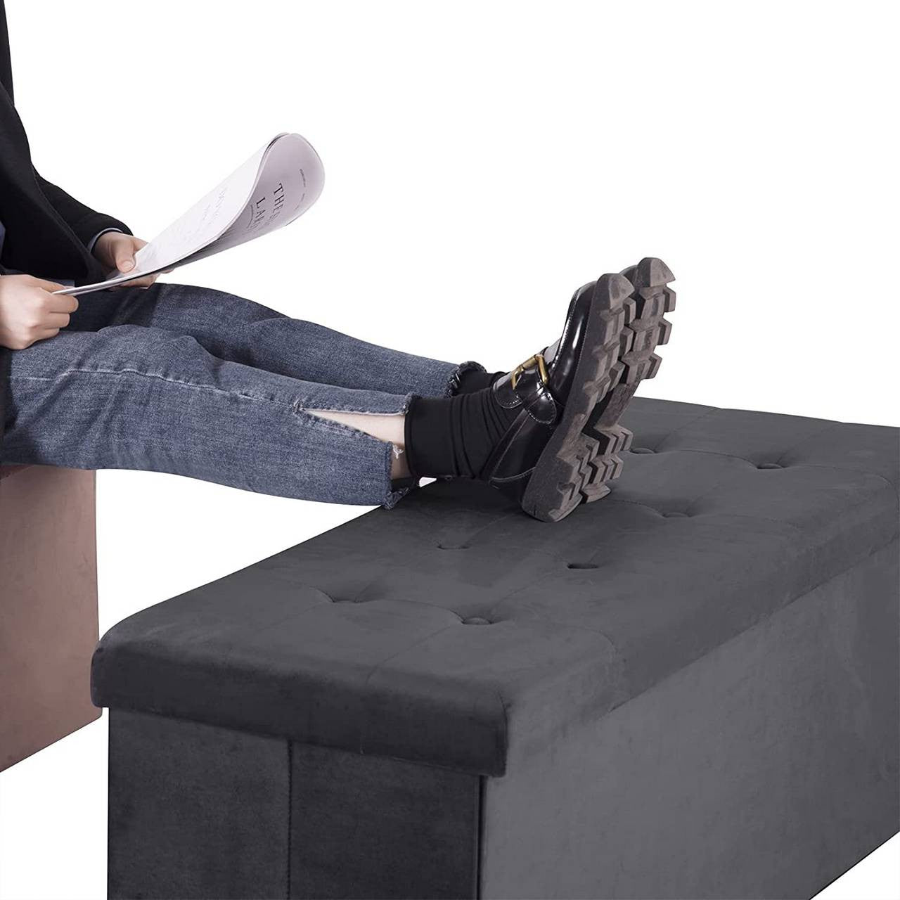 24goodz Velvet Storage Stool - Incredible Storage Capacity - Foldable - Velvet - Grey