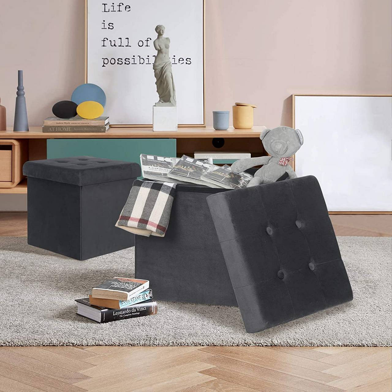 24goodz Velvet Storage Stool SH69 - Spacious 38L Storage - Comfortable Seating - MDF - For Home Use - Grey