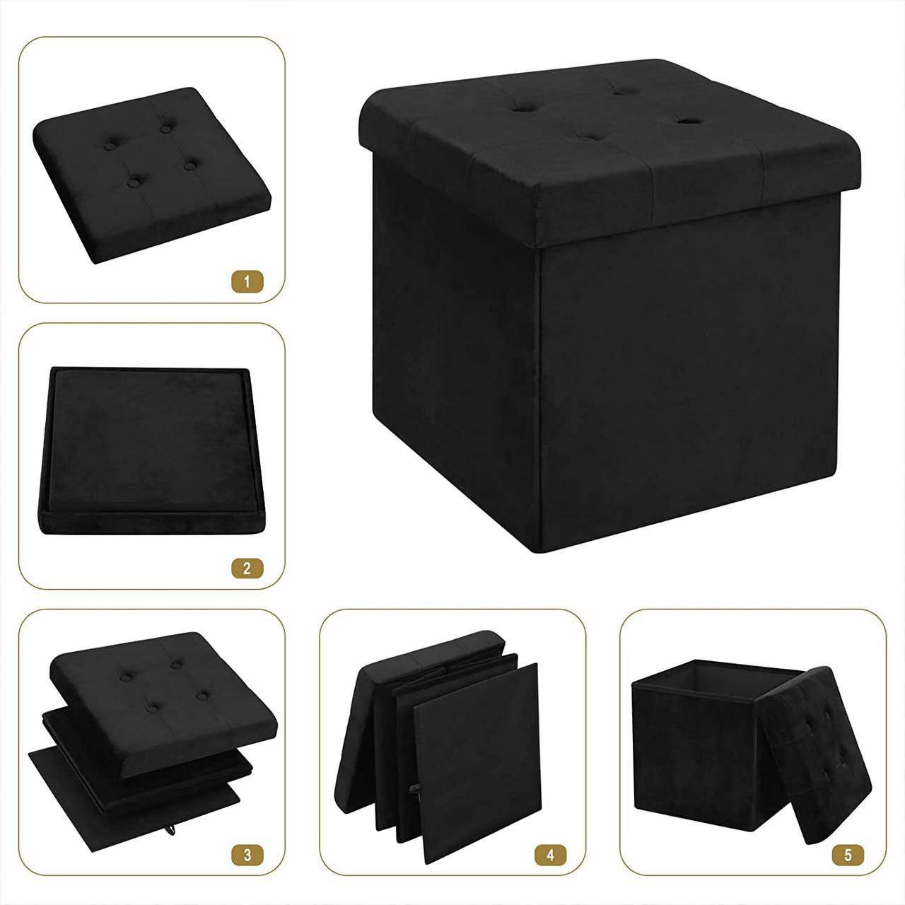 24goodz Velvet Storage Stool SH69 - Spacious 38L Storage - Comfortable Seating - MDF - For Home Use - Black/Gray - sz