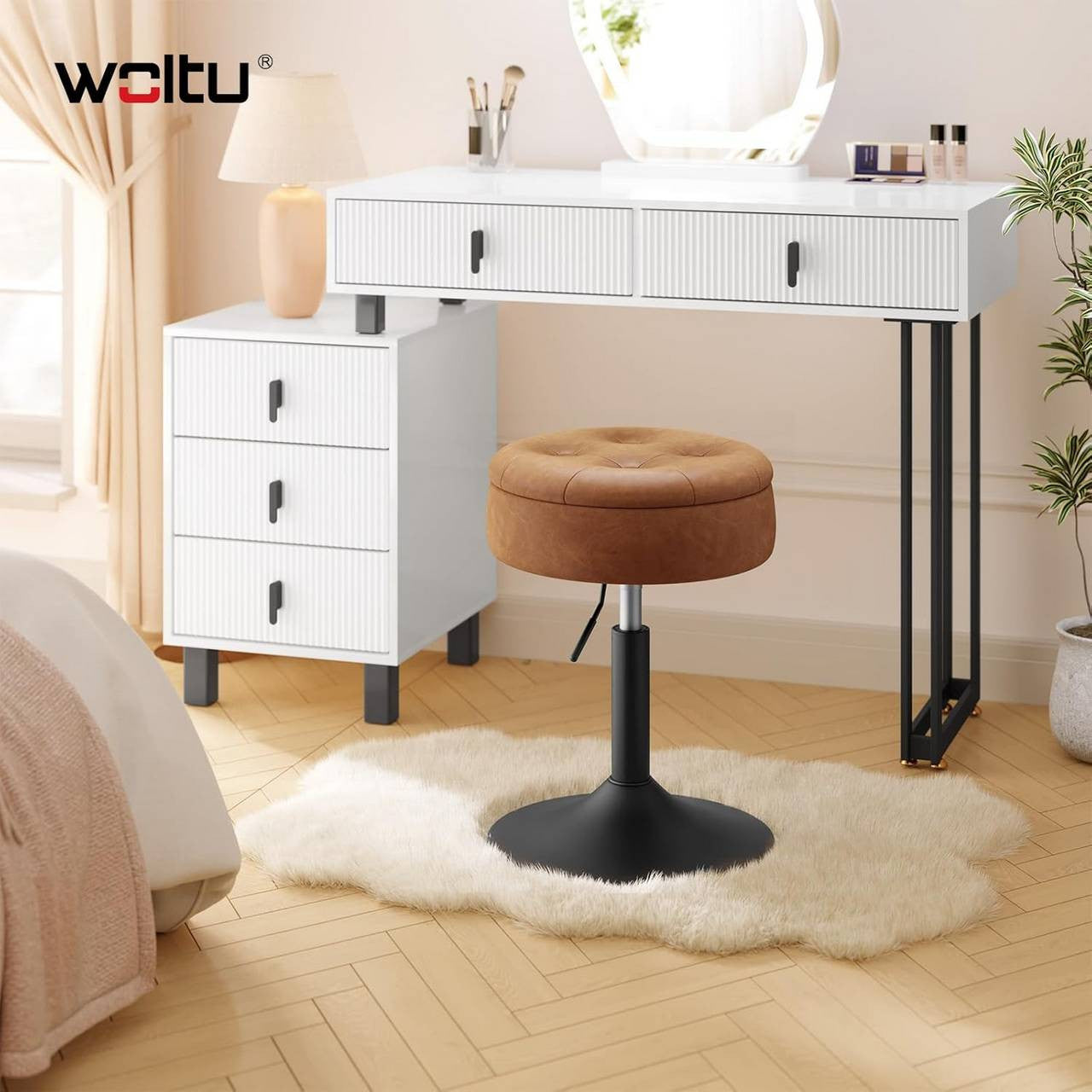 24goodz Rotating Makeup Stool with Storage - Comfortable and Multifunctional - Faux Leather - For Home and Office - Brown