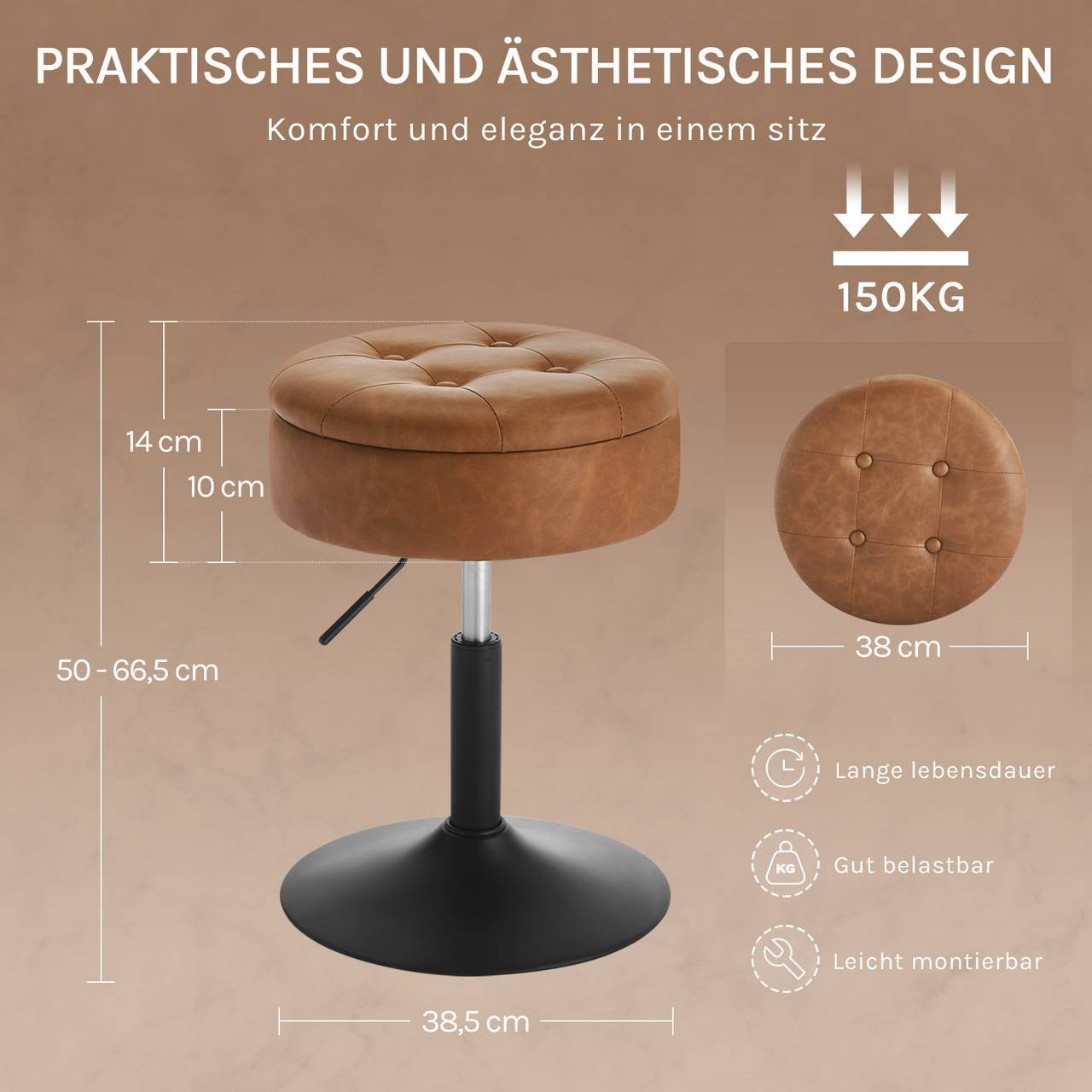24goodz Rotating Makeup Stool with Storage - Comfortable and Multifunctional - Faux Leather - For Home and Office - Brown