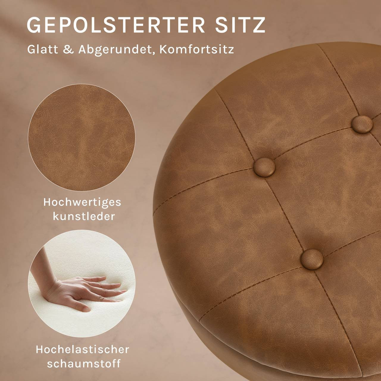 24goodz Rotating Makeup Stool with Storage - Comfortable and Multifunctional - Faux Leather - For Home and Office - Brown