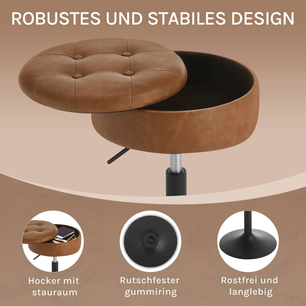 24goodz Rotating Makeup Stool with Storage - Comfortable and Multifunctional - Faux Leather - For Home and Office - Brown