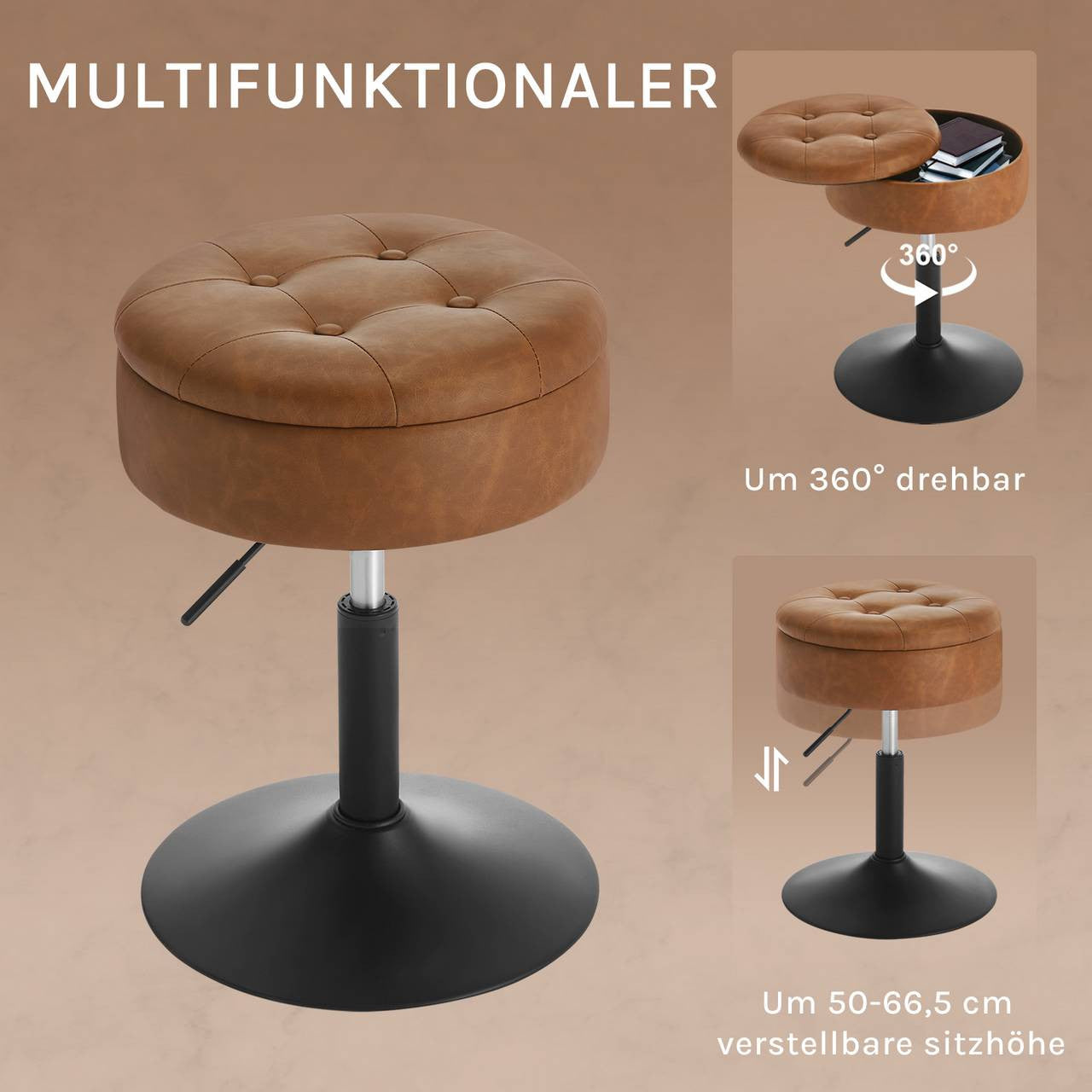 24goodz Rotating Makeup Stool with Storage - Comfortable and Multifunctional - Faux Leather - For Home and Office - Brown
