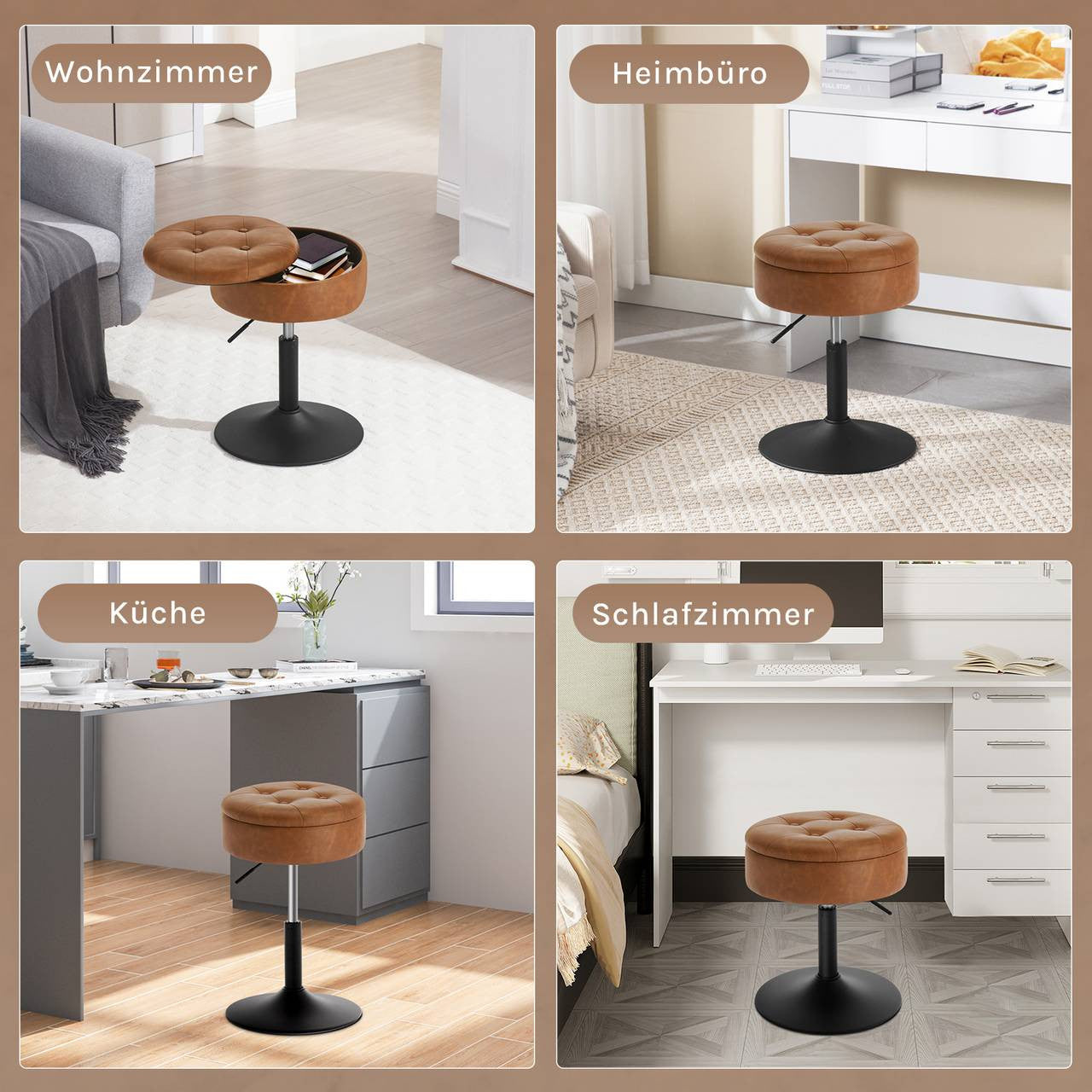 24goodz Rotating Makeup Stool with Storage - Comfortable and Multifunctional - Faux Leather - For Home and Office - Brown