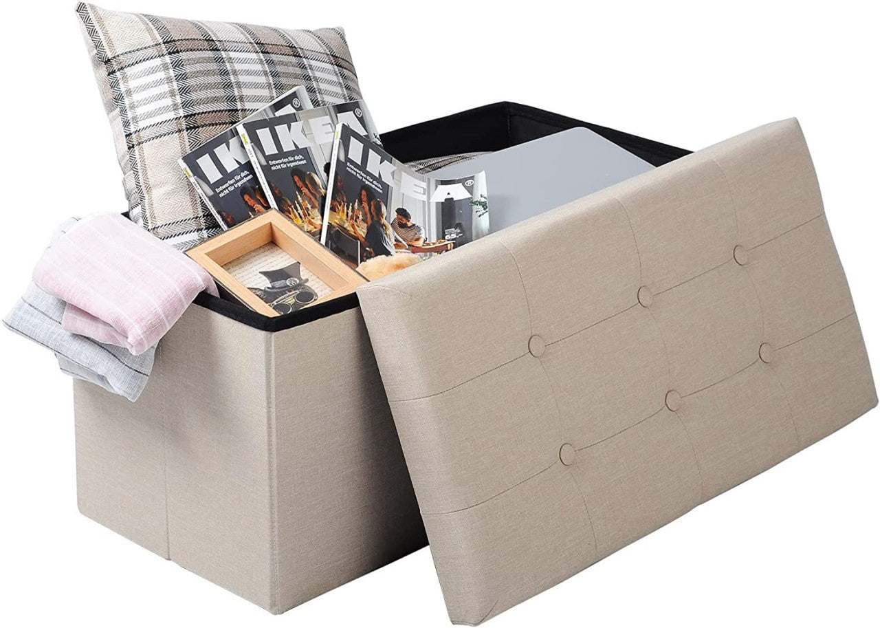 24goodz Folding Storage Ottoman - Spacious 80L Capacity - Comfortable Linen Upholstery - 76 x 38 x 37.5 cm - Cream White