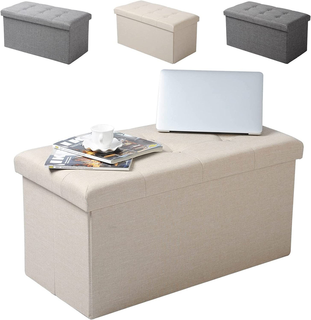 24goodz Folding Storage Ottoman - Spacious 80L Capacity - Comfortable Linen Upholstery - 76 x 38 x 37.5 cm - Cream White