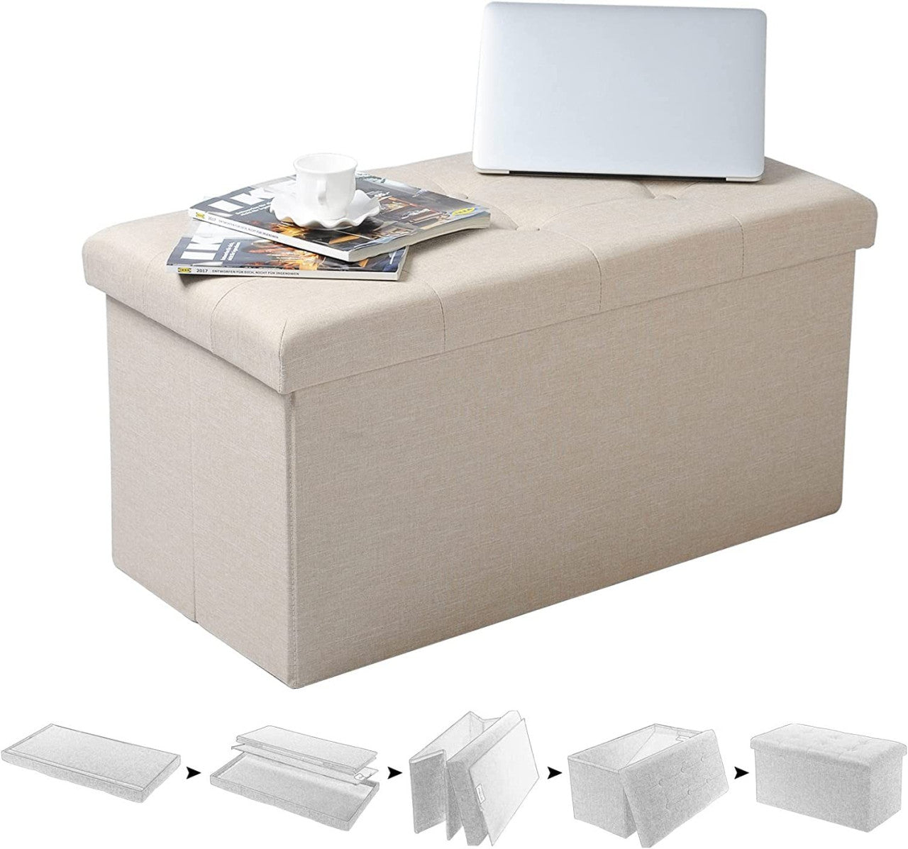 24goodz Folding Storage Ottoman - Spacious 80L Capacity - Comfortable Linen Upholstery - 76 x 38 x 37.5 cm - Cream White
