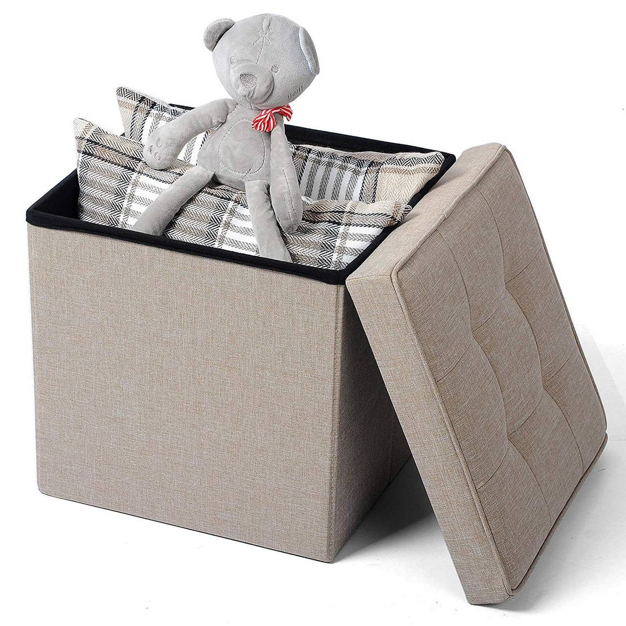 24goodz Folding Storage Stool - Ample Storage Space - Comfortable Linen Seat - MDF - Versatile Use - Beige - cm