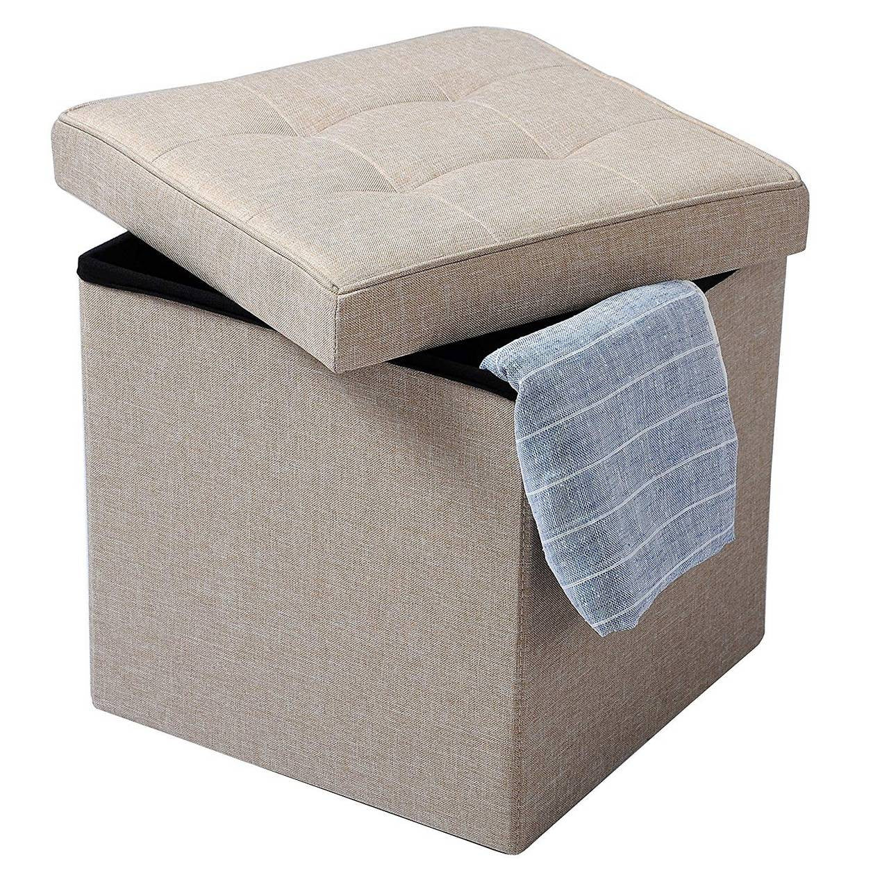 24goodz Folding Storage Stool - Ample Storage Space - Comfortable Linen Seat - MDF - Versatile Use - Beige - cm
