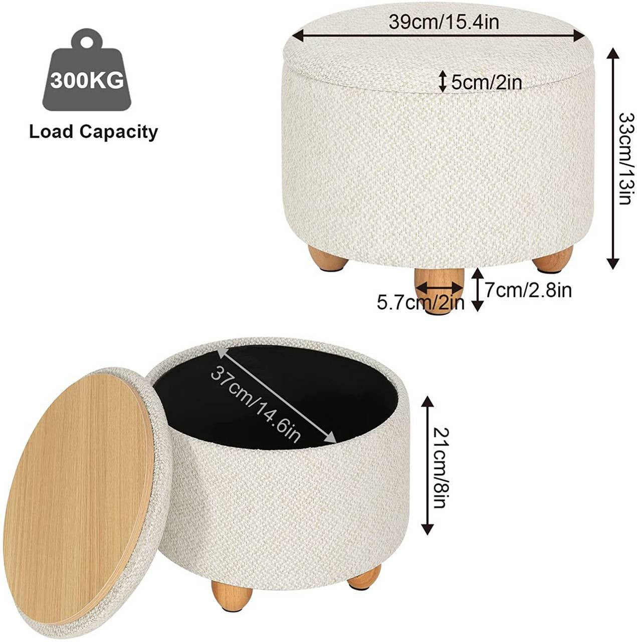 24goodz Round Storage Stool - Comfortable and Stylish - MDF and Pine Wood - For Home Use - Cream White - cm