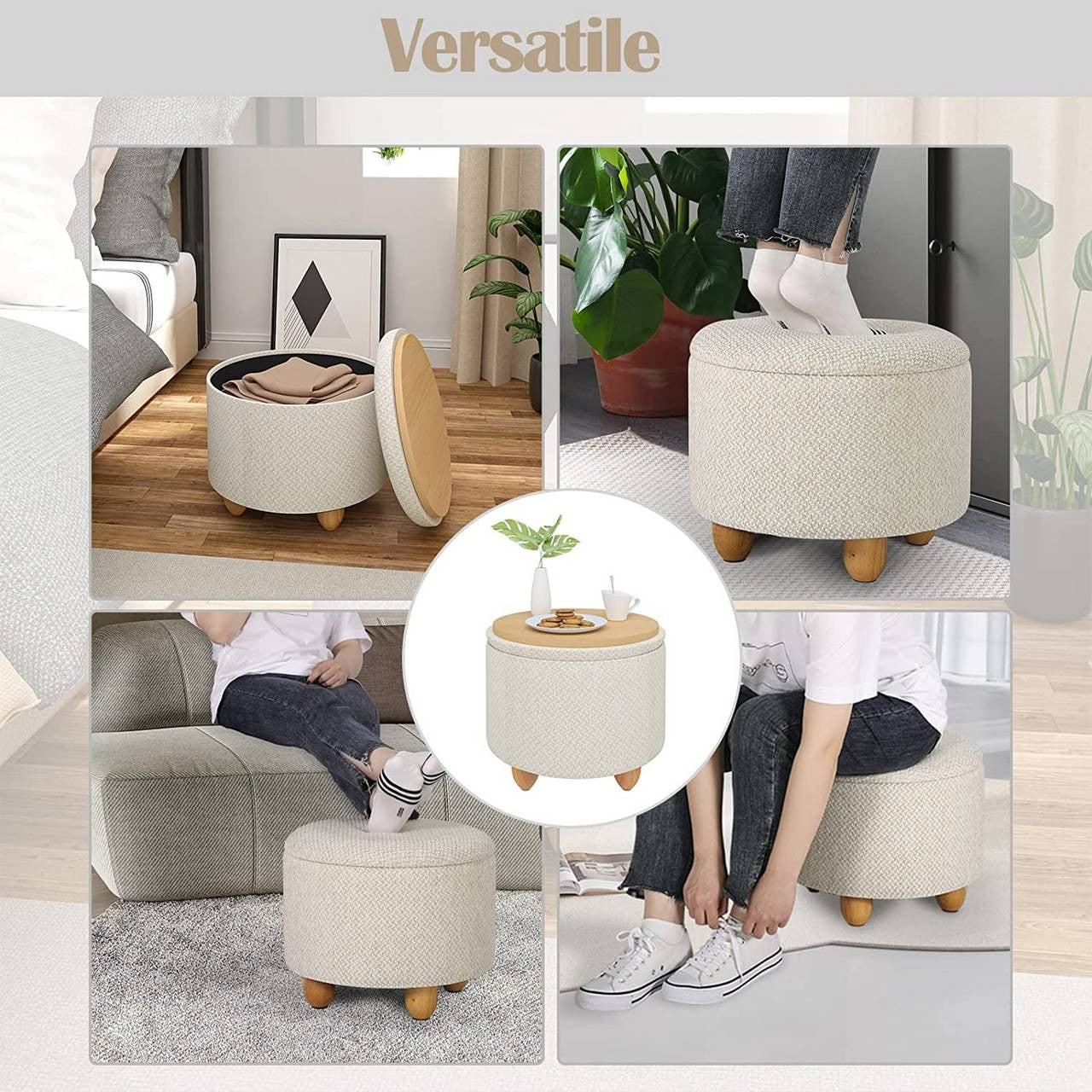 24goodz Round Storage Stool - Comfortable and Stylish - MDF and Pine Wood - For Home Use - Cream White - cm