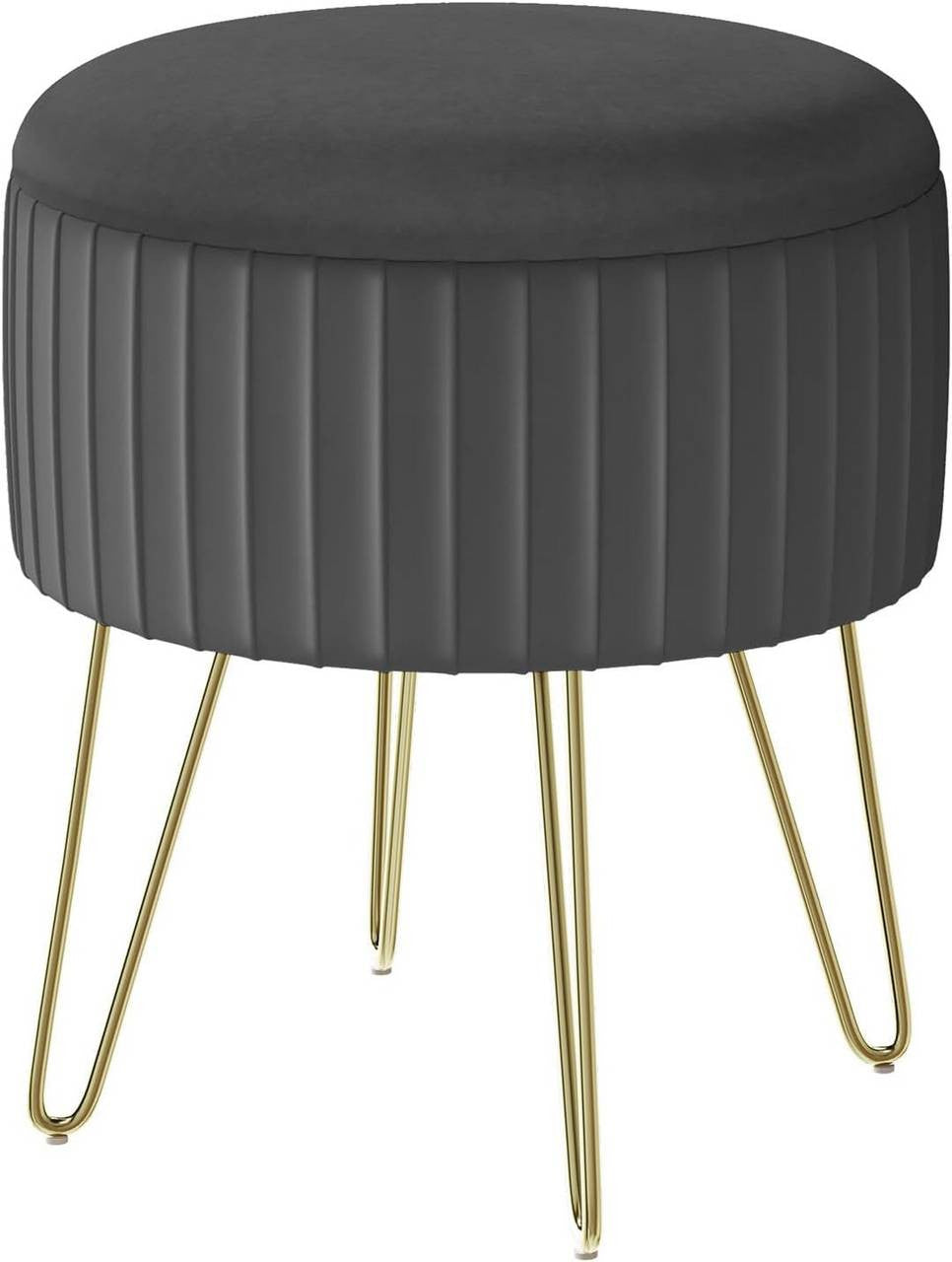 24goodz Round Storage Stool - Comfortable Velvet Seating - Stable Metal Legs - MDF - For Living Room and Bedroom - Dark Grey