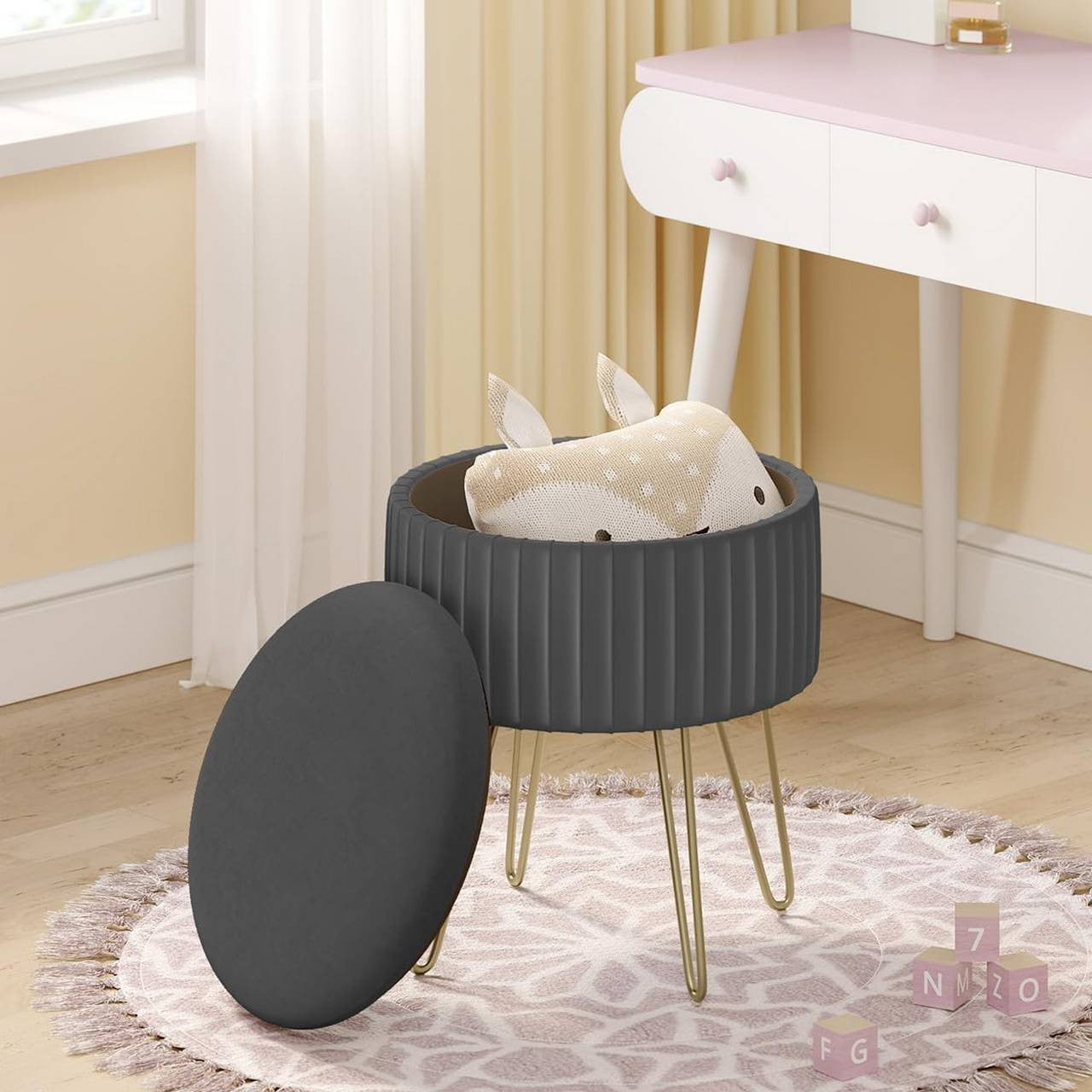 24goodz Round Storage Stool - Comfortable Velvet Seating - Stable Metal Legs - MDF - For Living Room and Bedroom - Dark Grey