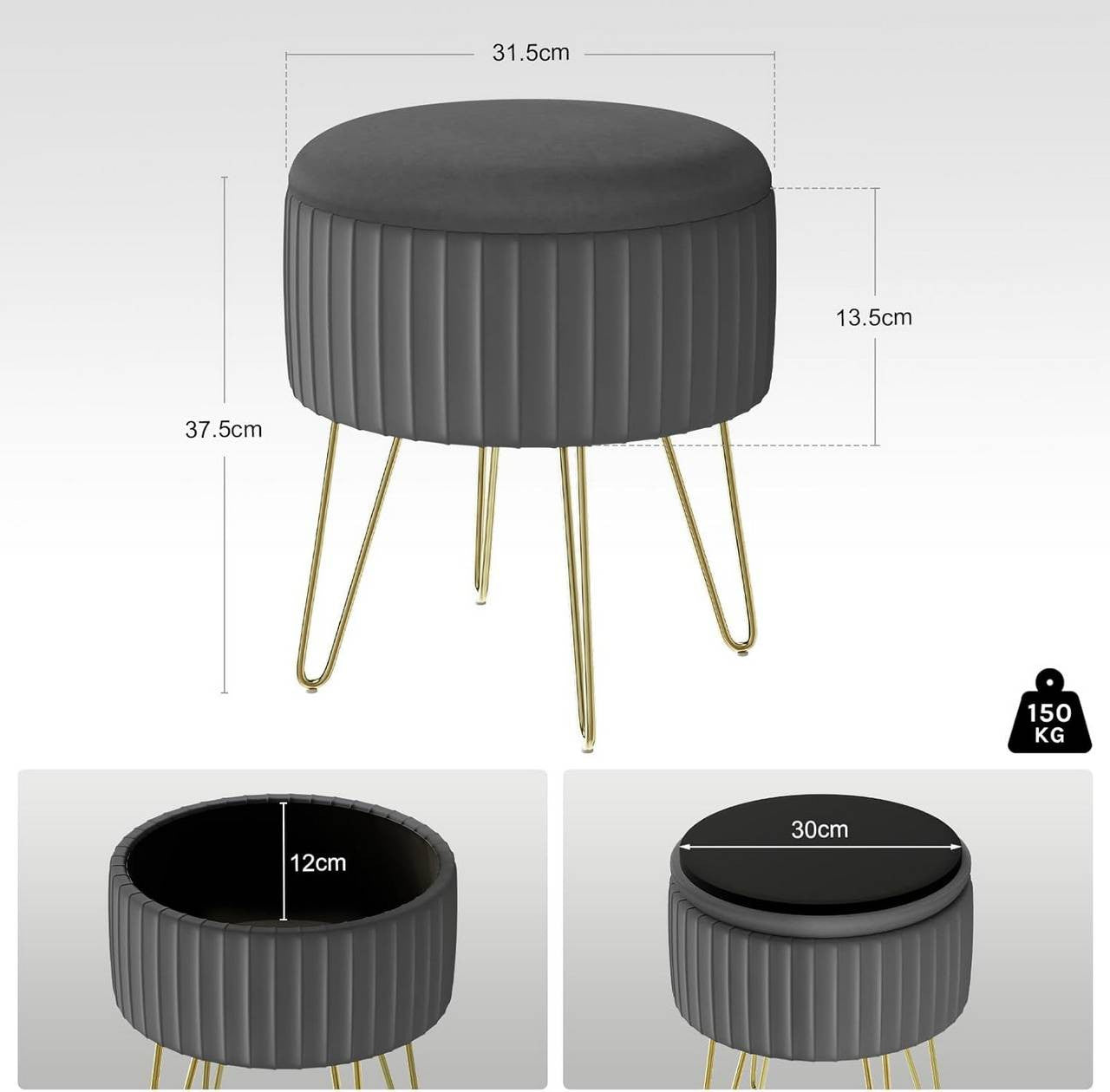 24goodz Round Storage Stool - Comfortable Velvet Seating - Stable Metal Legs - MDF - For Living Room and Bedroom - Dark Grey