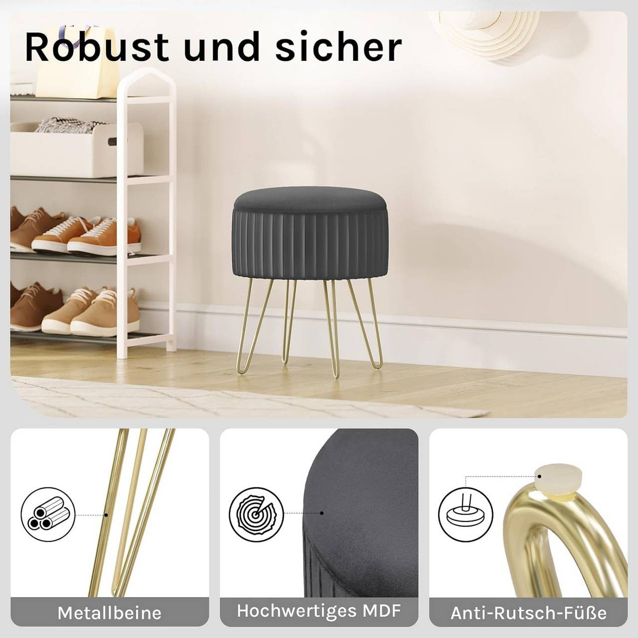 24goodz Round Storage Stool - Comfortable Velvet Seating - Stable Metal Legs - MDF - For Living Room and Bedroom - Dark Grey