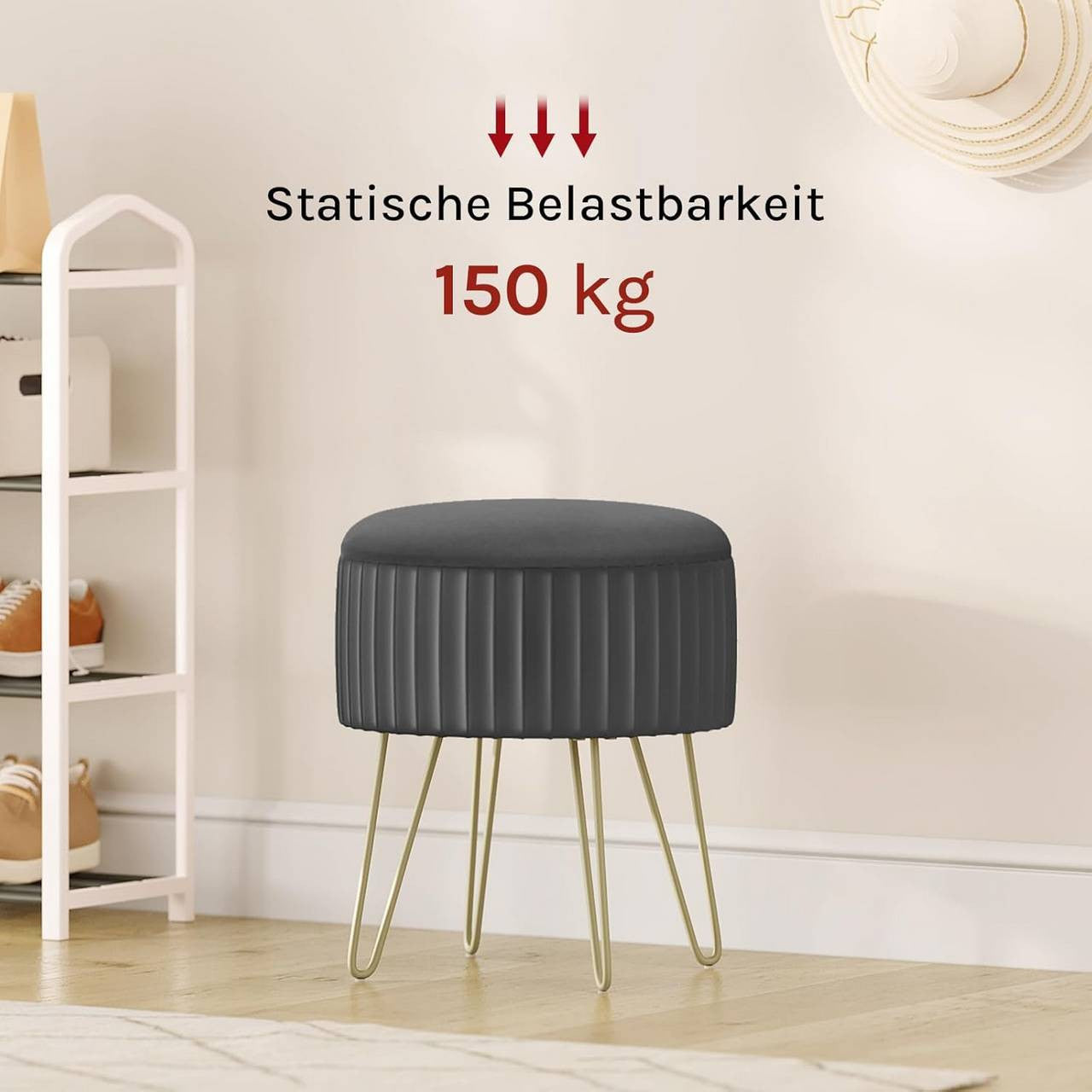 24goodz Round Storage Stool - Comfortable Velvet Seating - Stable Metal Legs - MDF - For Living Room and Bedroom - Dark Grey