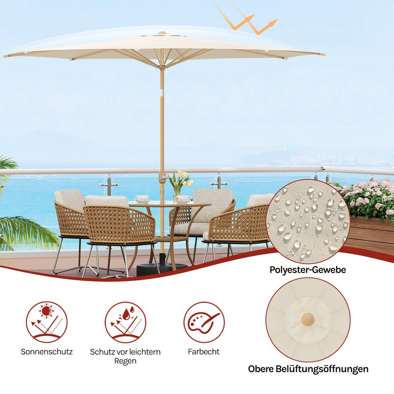 24goodz Parasol φ300 cm - Easy to Open and Close - Durable Polyester - For Outdoor Relaxation - Beige