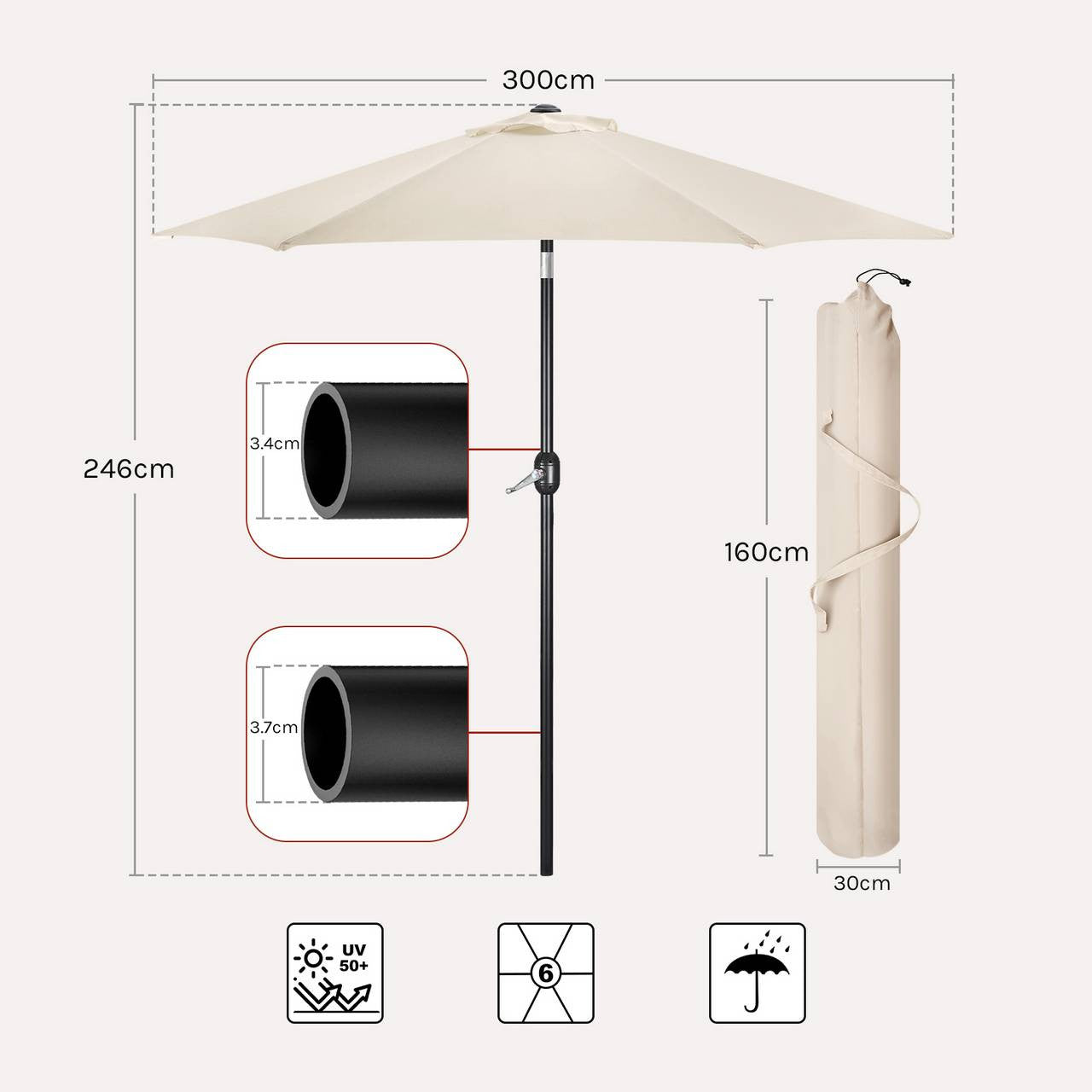 24goodz Parasol - UV-Resistant Protection - 45° Adjustable Tilt - Polyester - For Outdoor Activities - Beige 300 cm